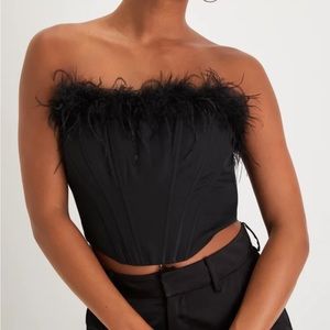 Black Strapless Feather Bustier Crop Top